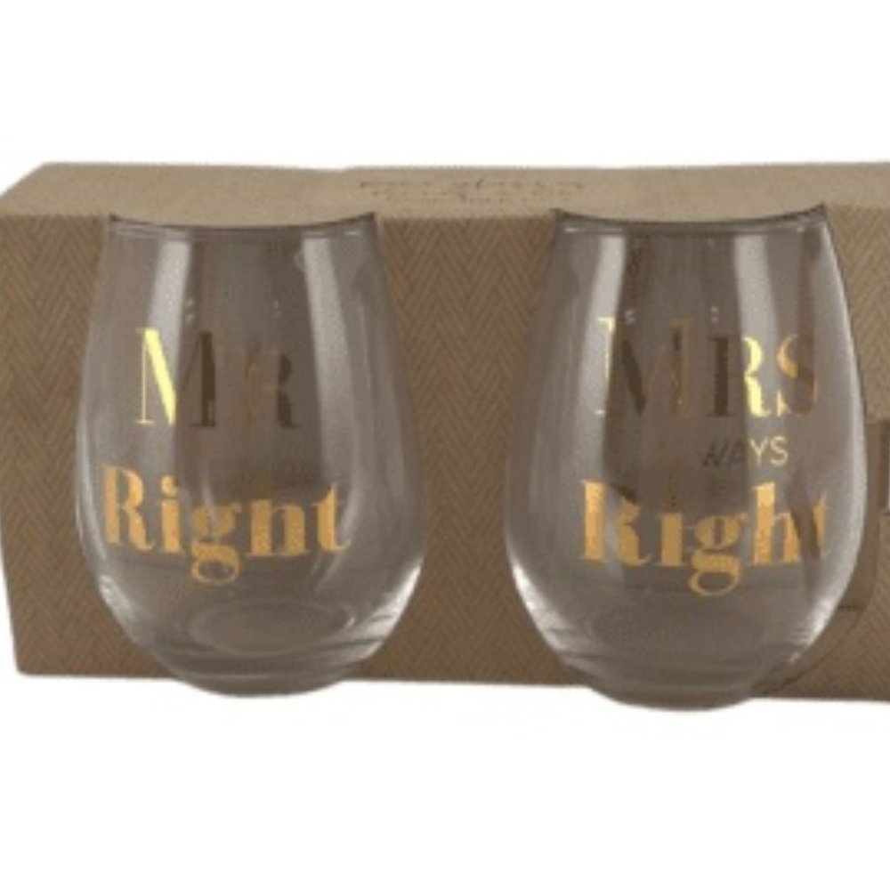 Harman | Stemless Wine Glass Set | 2 Pack | "Mr. Right" & "Mrs. Always Right"